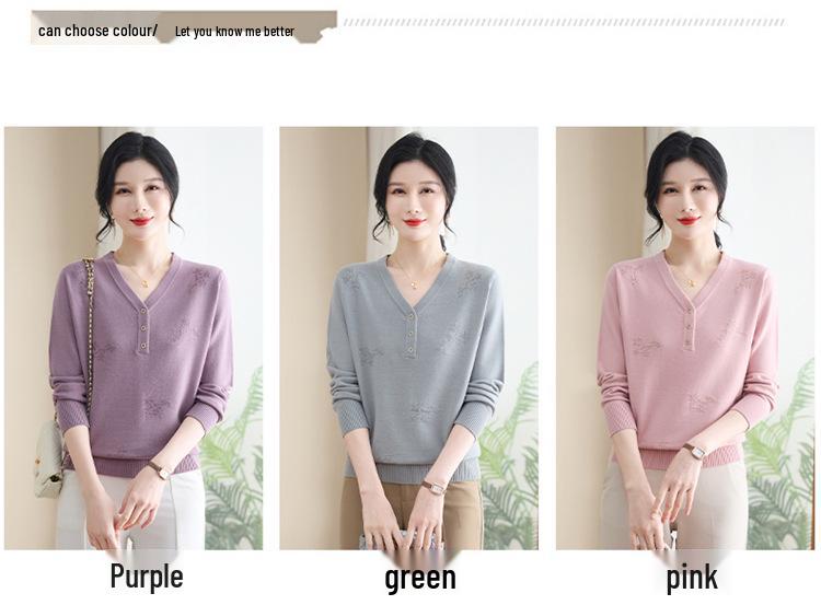 Elegant V-neck Knit Top for Middle-aged and Senior Women - Long-sleeved Autumn/Winter Sweater Base Layer.