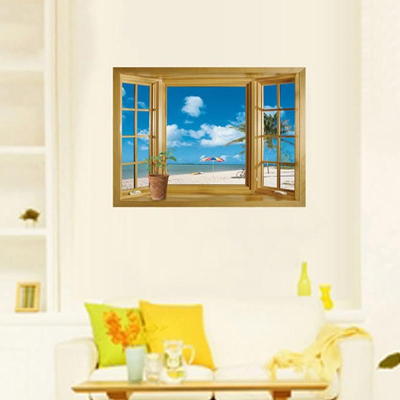New Window 3D Print Beach View Sea Landscape Wall Stickers Art Mural Decal Wallpaper Living Room Decor