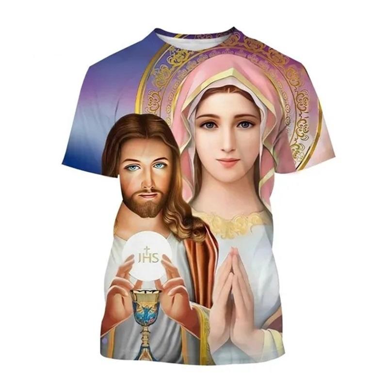 Christian Mother Of God Virgin Mary Jesus Loves Casual Tee Tops Short Sleeve Women's Men Adult and Children's Clothing Tshirt
