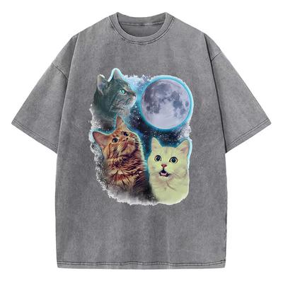 Funny T Shirt Vintage Washed Cotton T-Shirt Cat Moon Star Graphic Tee Casual Streetwear Spring Summer Top