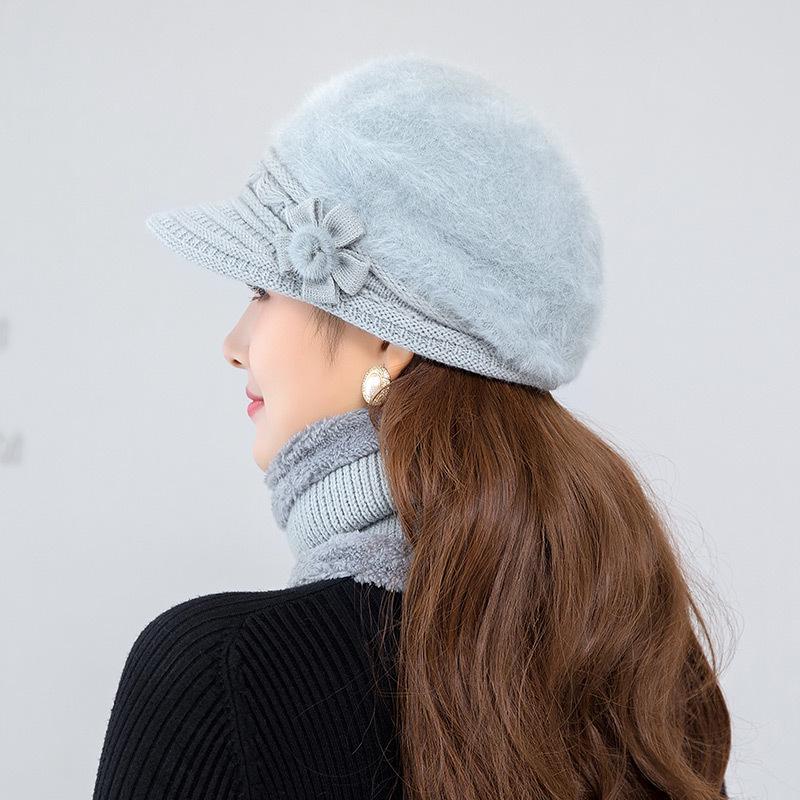 Women's Winter Rabbit Hair Knitted Hat, Snood, and Gloves Set - Fleece-Lined, Cold-Proof, Warm Wool for Middle-Aged and Elderly Moms