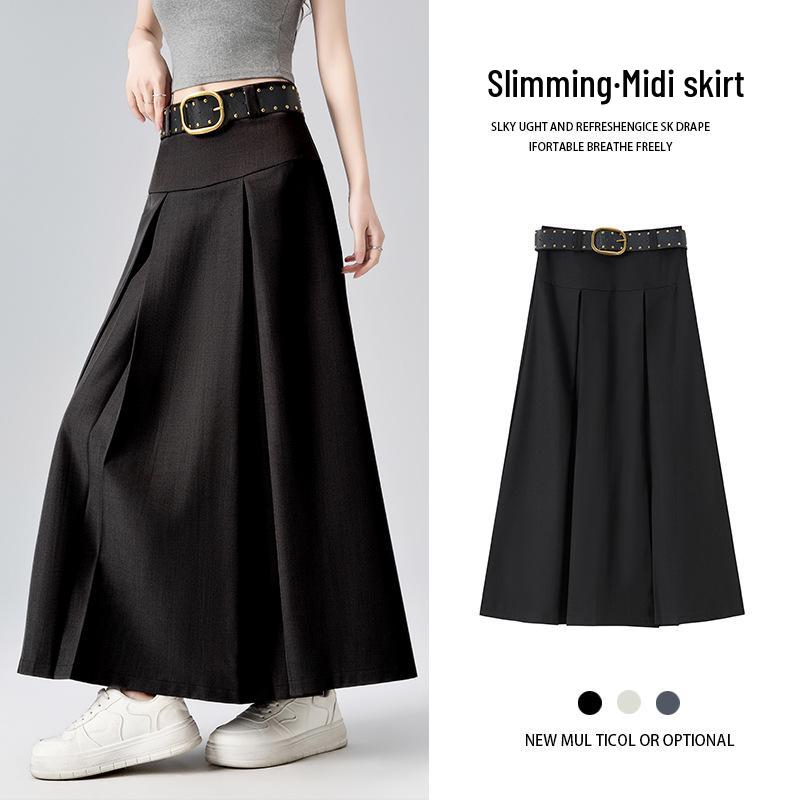 2026 Spring Women s High-Waisted Pleated A-Line Skirt with Belt - Drapey and Slimming Large чёрный