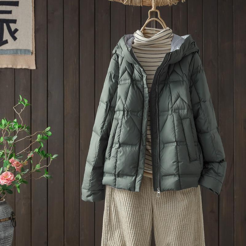 Winter new loose white duck down hooded down jacket women's casual fashion warm long-sleeved short jacket