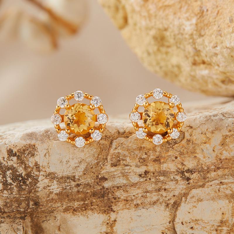 S925 Sterling Silver Natural Topaz Citrine Amethyst Olive Garnet Color Treasure Ring Women'S Jewelry Set Earrings