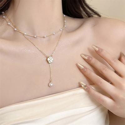  Unique Luxury Pearl Camellia Double Layer Necklace For Women Girls Sweet Elegant Exquisite Clavicle Chain Jewelry Gifts