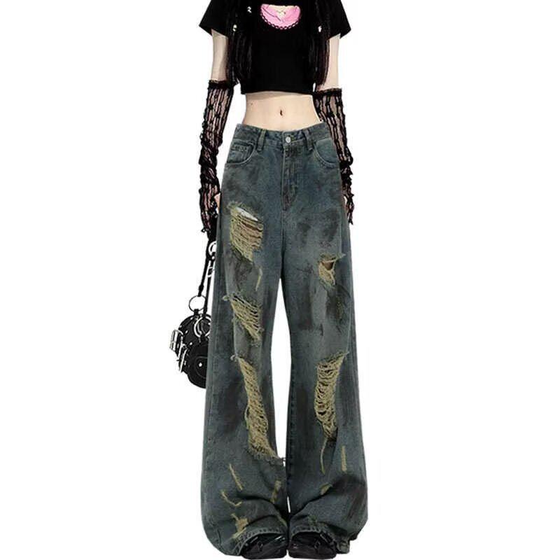 Retro Ink-Splashed Worn-Out Wasteland Jeans: 2024 Korean Niche Loose Drape Mopping Style for Spring & Autumn