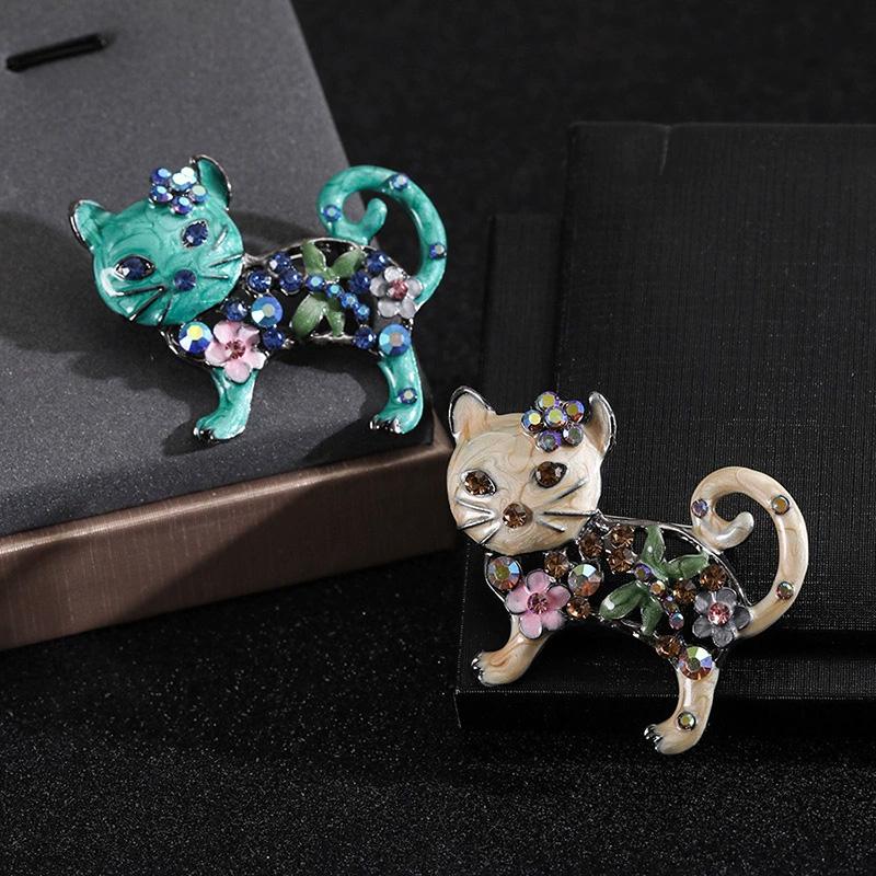 1pc Metal Women Enamel Casual Flower Animal Gifts Rhinestone Brooch Pins Cat Brooches