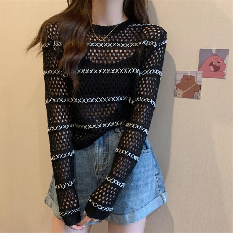 Hollow Long-sleeved Sweater Women's Spring Thin Transparent Black T-shirt Sunscreen Blouse Short Top