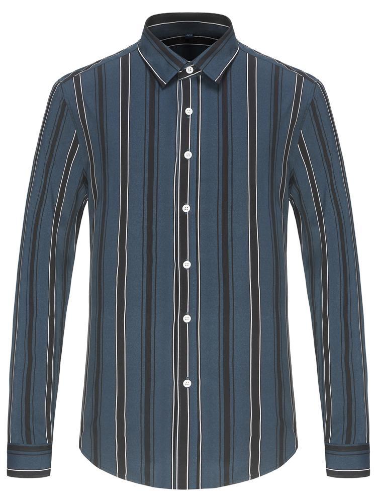 Men's Spring Summer Color Block Striped Dress Shirt Without Pocket Wrinkle-Resistant Button-down Long Sleeve Lightweight Shirts