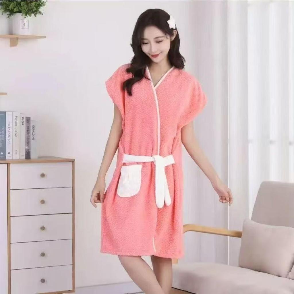 Merbau High-End Korallfleece Wickel-Ärmelloser Bademantel & Handtuch-Kombi