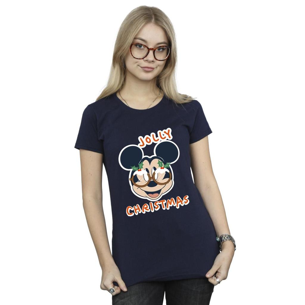 Disney Womens/Ladies Mickey Mouse Jolly Christmas Glasses Cotton T-Shirt