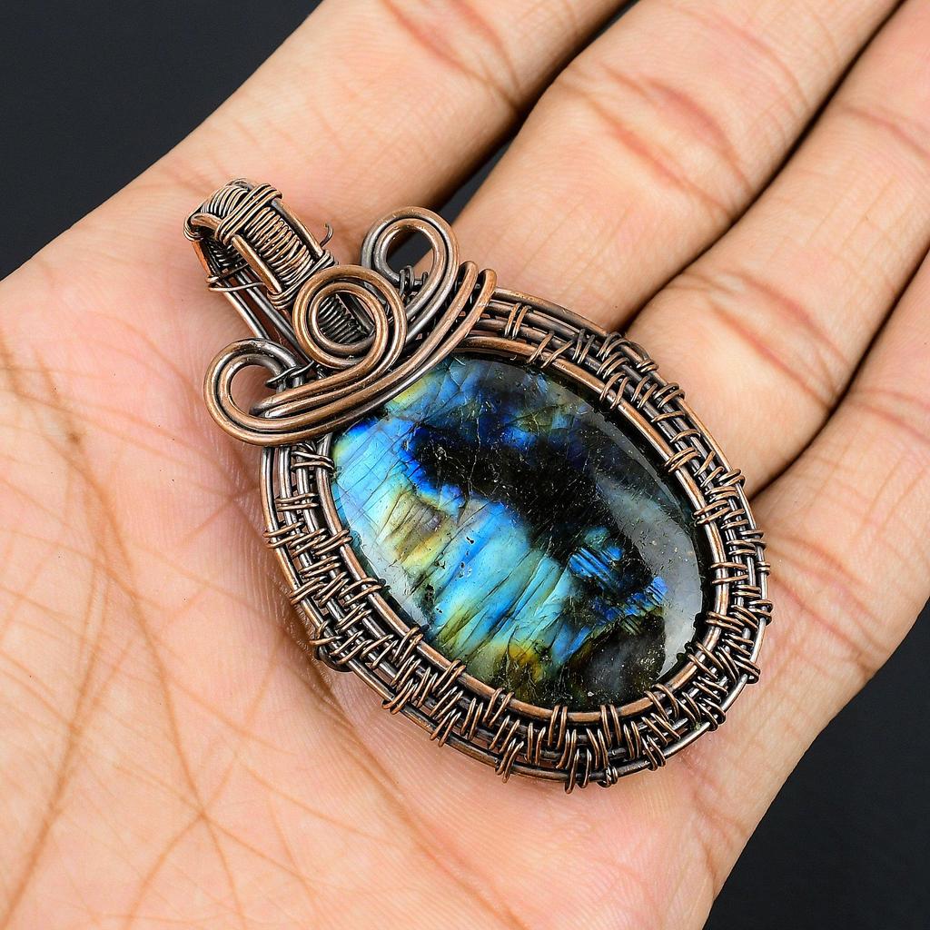 Labradorite Pendant, Handmade Gemstone 999 Copper Wire Wrapped Pendant Antique Jewelry, For Gift Silver Jewelry