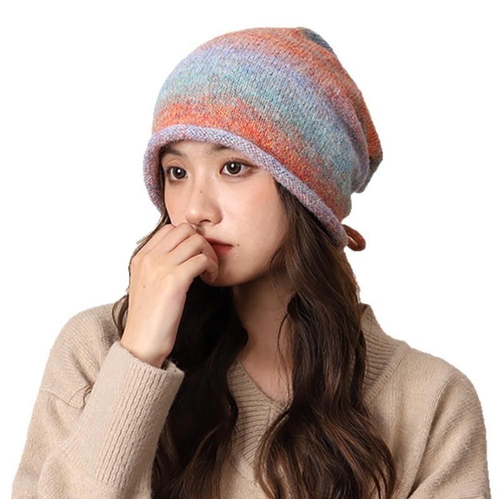 Rolled Brim Drawstring Beanies Hat Loose Y2K Pullover Cap Simple Brimless Beanie Cap Warmer