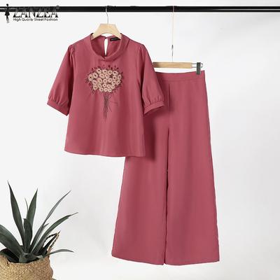 Floral Embroidery Short Sleeve Blouse and Pants Casual Two Piece Sets