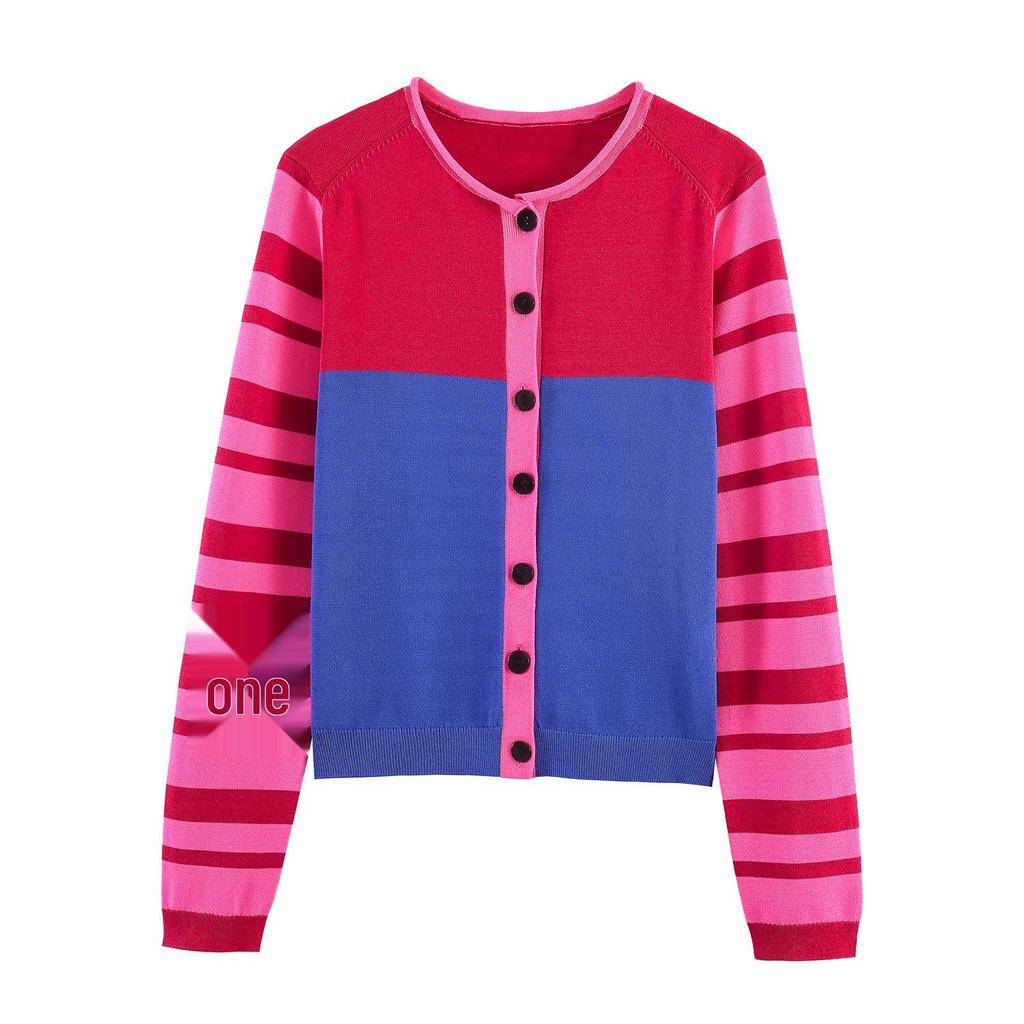 European Style 2026 Spring Women's Loose Color Block Knit Cardigan