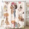 Whimsical Dog Cat Printed Shower Curtain Waterproof Bathroom Decorative Liner Pink Palette Set