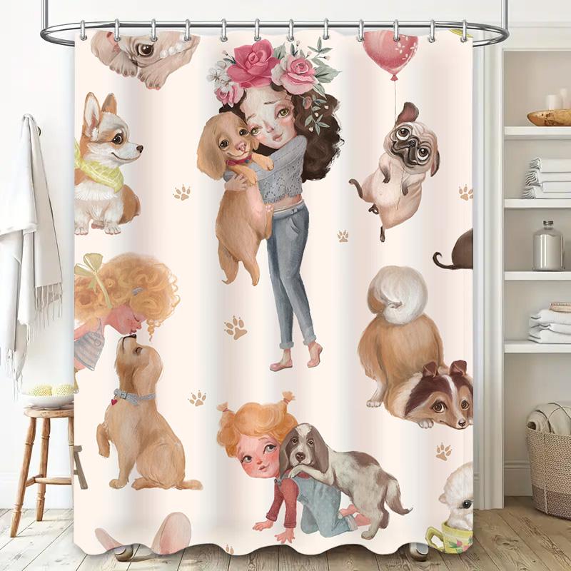 Whimsical Dog Cat Printed Shower Curtain Waterproof Bathroom Decorative Liner Pink Palette Set