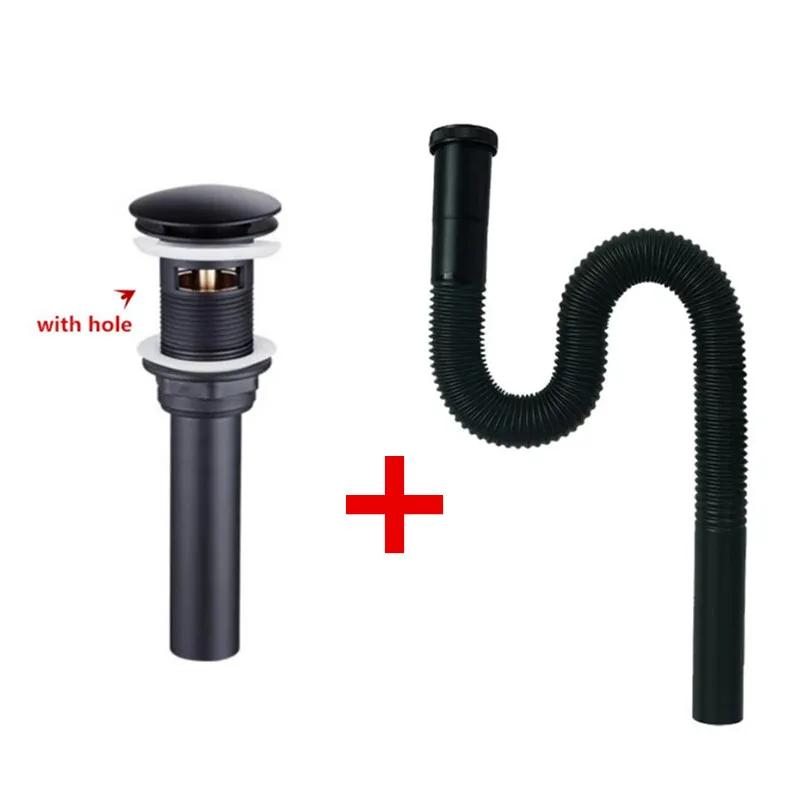 Matte Black Bathroom Lavatory Vanity Vessel Sink Drain, Black Pop Up Drain Stopper, Flip-Top, Flexible Drain Bending Pipe DR90