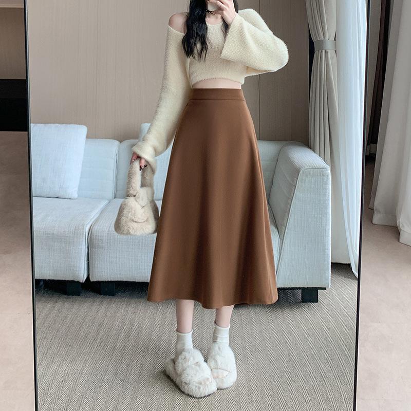 

Plus Size Korean Style High Waist Woolen A-Line Umbrella Skirt for Autumn Winter M колір темно кави