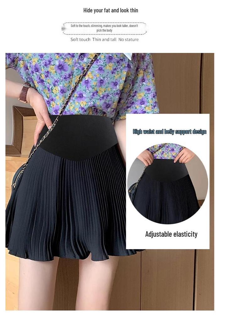 Maternity Pleated Chiffon Skirt - Spring/Summer Fringe Style with Belly Support