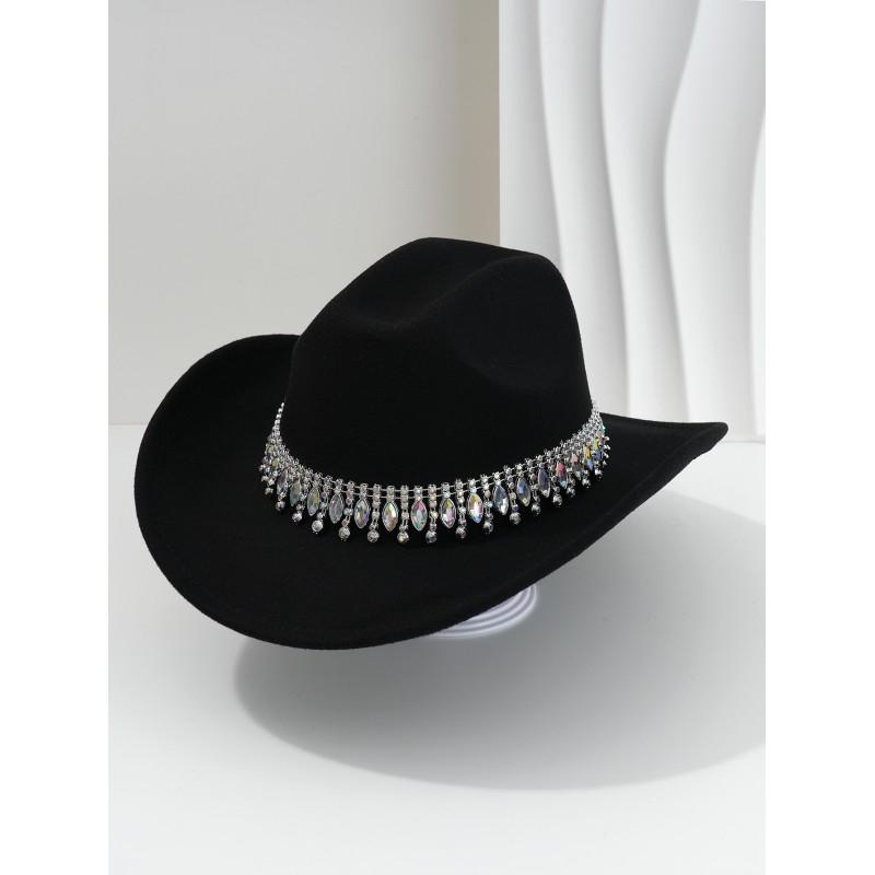 Unisex Elegant Jazz Fedora Hat With Tassel Rhinestone Belt Wedding Engagement