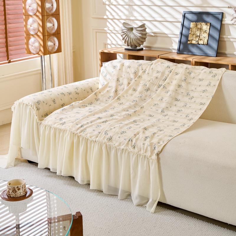 Polyester Linen Sofa Cover Ruffled Edge Creamy Style Floral Pattern Anti-Slip Cooling Couch Cushion Mats