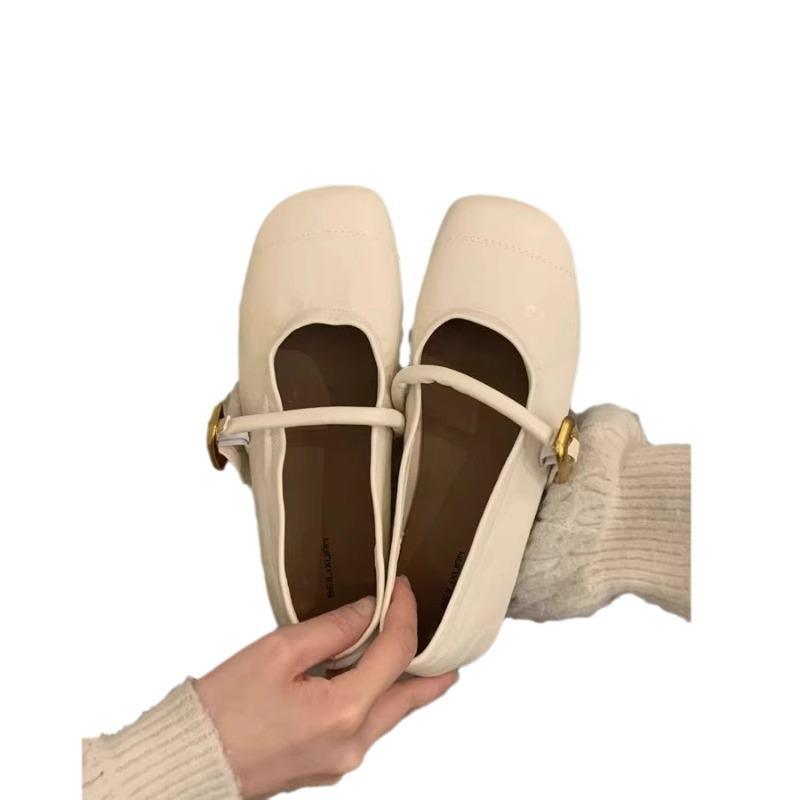 Black French Square Head Light Mouth Flat Sole Shoes Women's 2025 New Summer Small Fragrant Mary Jane Shoes Breathable Apricot