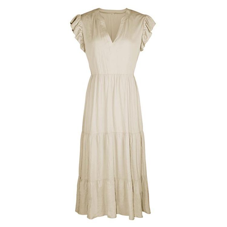 Sexy V Neck Solid Color Flying Sleeve A Line Dress for Spring Summer Vacation Leisure S XL