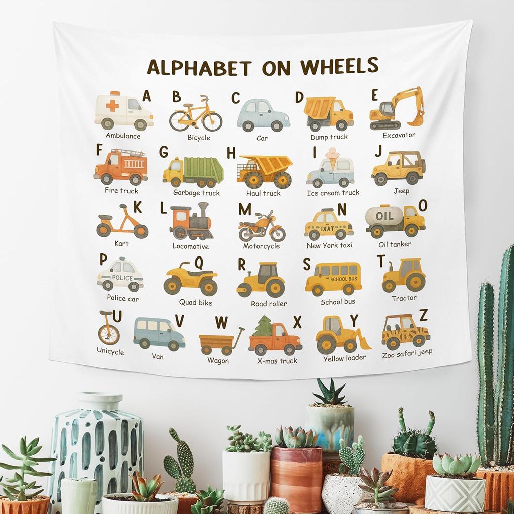 Classroom Car Alphabet Wall Tapestry Hanging For Boys Room, Nursery Traffic Transportation Tapestries, Rustic Cute Abc Truck