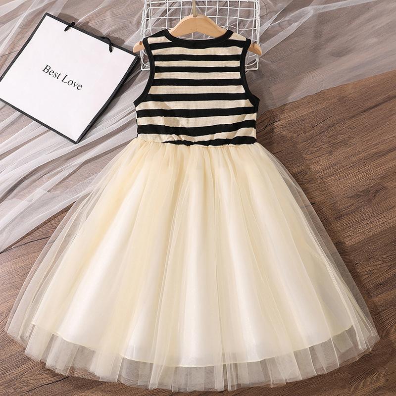 Girls' Fashion Dress 2025 Summer Kids' Black and White Striped Patchwork Mesh Sleeveless Princess Dress