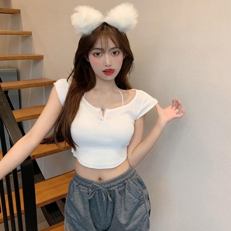 Women Solid U Neck Slim Exposed Navel Knitted Short Sleeve T-Shirt Tops