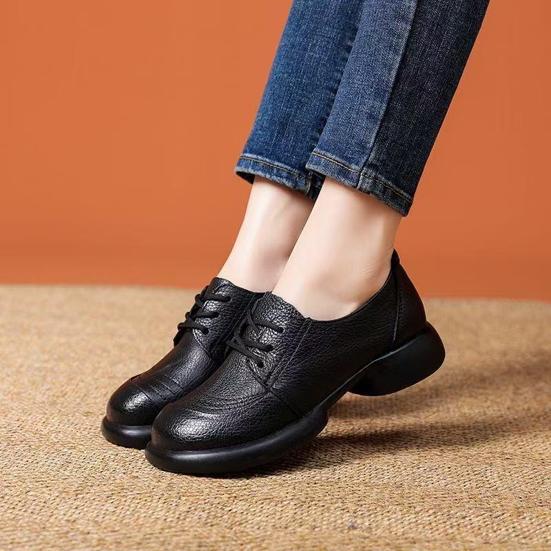 Spring Autumn Genuine Leather Mother Shoes Women Thick Sole Soft Comfort Cow Leather Ladies Casual Shoes Black Brown Plus Size 41