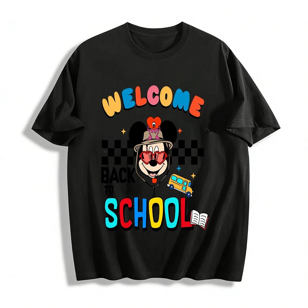 Cartoon Mickey Welcome Back To School Graphic Print Casual T-Shirt Pure cotton T-shirt XXS