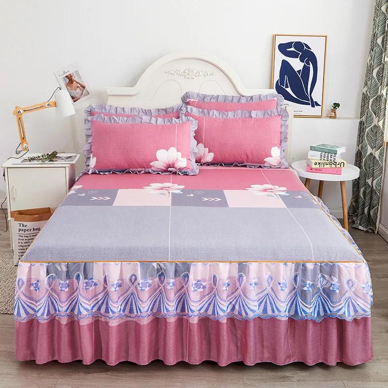1PC Printed Bedding Set Lace Trim  Heightening Bed Skirt Pillowcase Set Anti-slip Mattress Cover Soft Comfortable Cotton Double