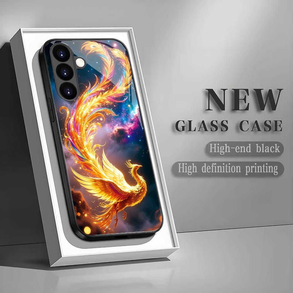 Fire Phoenix tempered glass phone case suitable for Samsung Galaxy S26 S25 S24 S23 S22 S20 FE/Ultra/Plus anti drop back cover