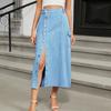 Women's Elastic Waist Denim Midi Skirt Button Front Split Cargo Pocket Streetwear Long Denim Skirt