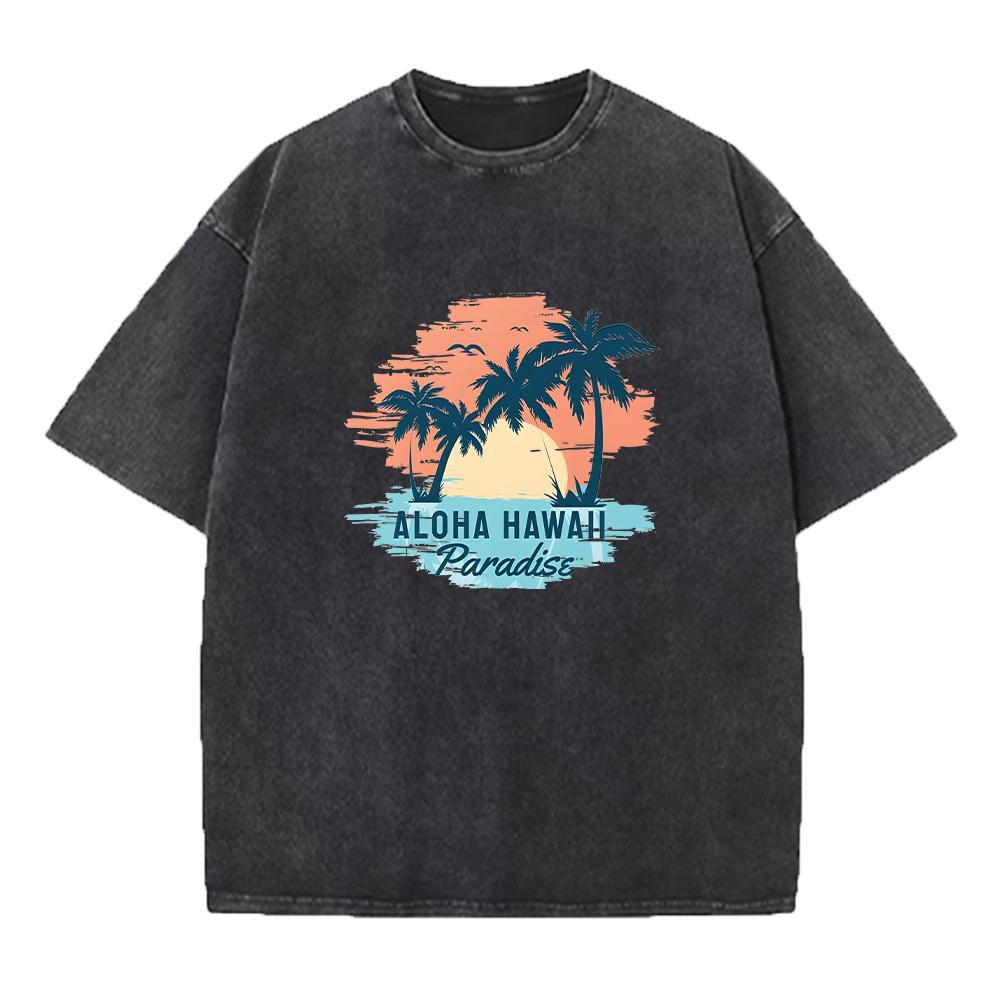Mens Distressed Washed T Shirt With HAWAII Coconut Tree Print Pure Cotton Short Sleeve Vacation Style Casual Loose Fit Top