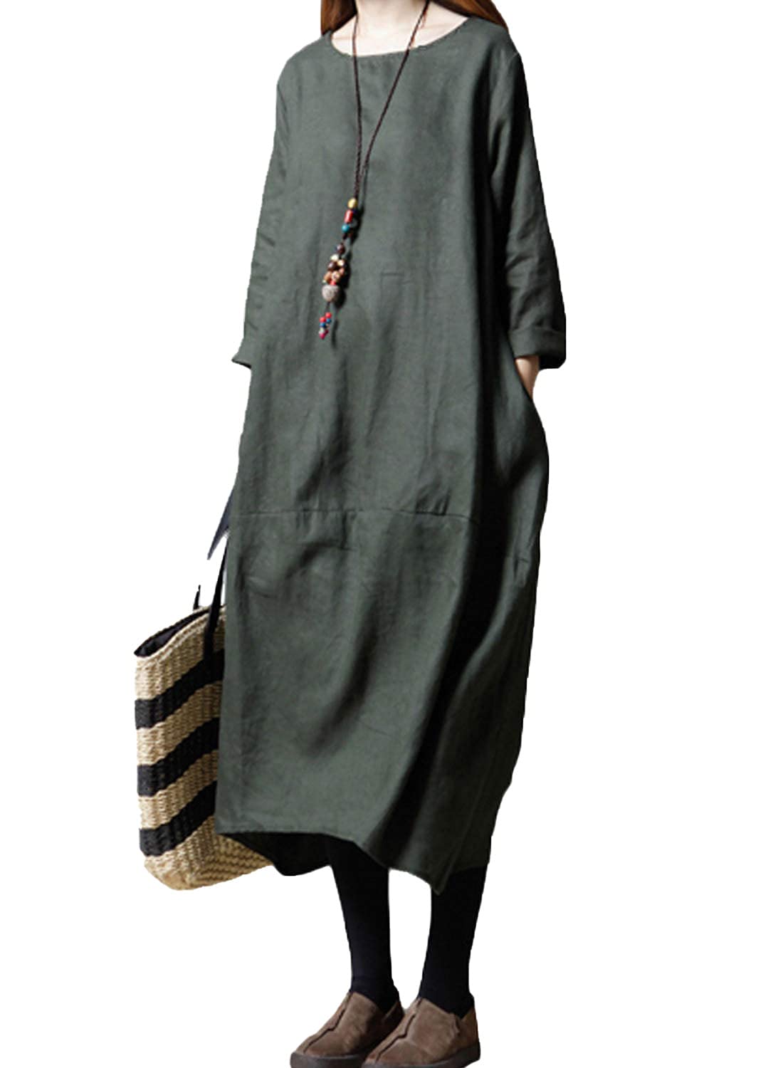

Winter Long Dress for Women Maxi Plus Relaxed Cotton Travel [JINJUDUO] Long-Sleeved Spring, Autumn, - Tunic, Length, Sizes, Fit, Linen, зелёный