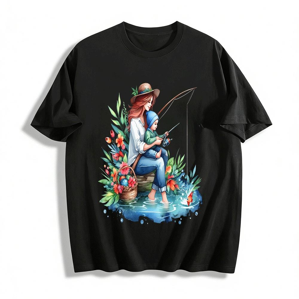 Warm Parent-Child Fishing Time Printed Casual Top Pure cotton T-shirt XXS