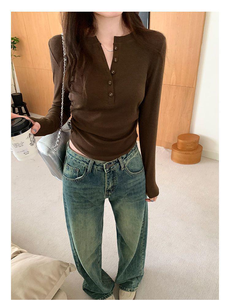 Plus Size Women's Spring/Autumn Long Sleeve Half-Open Neck Slimming Base Layer Top - Korean Style
