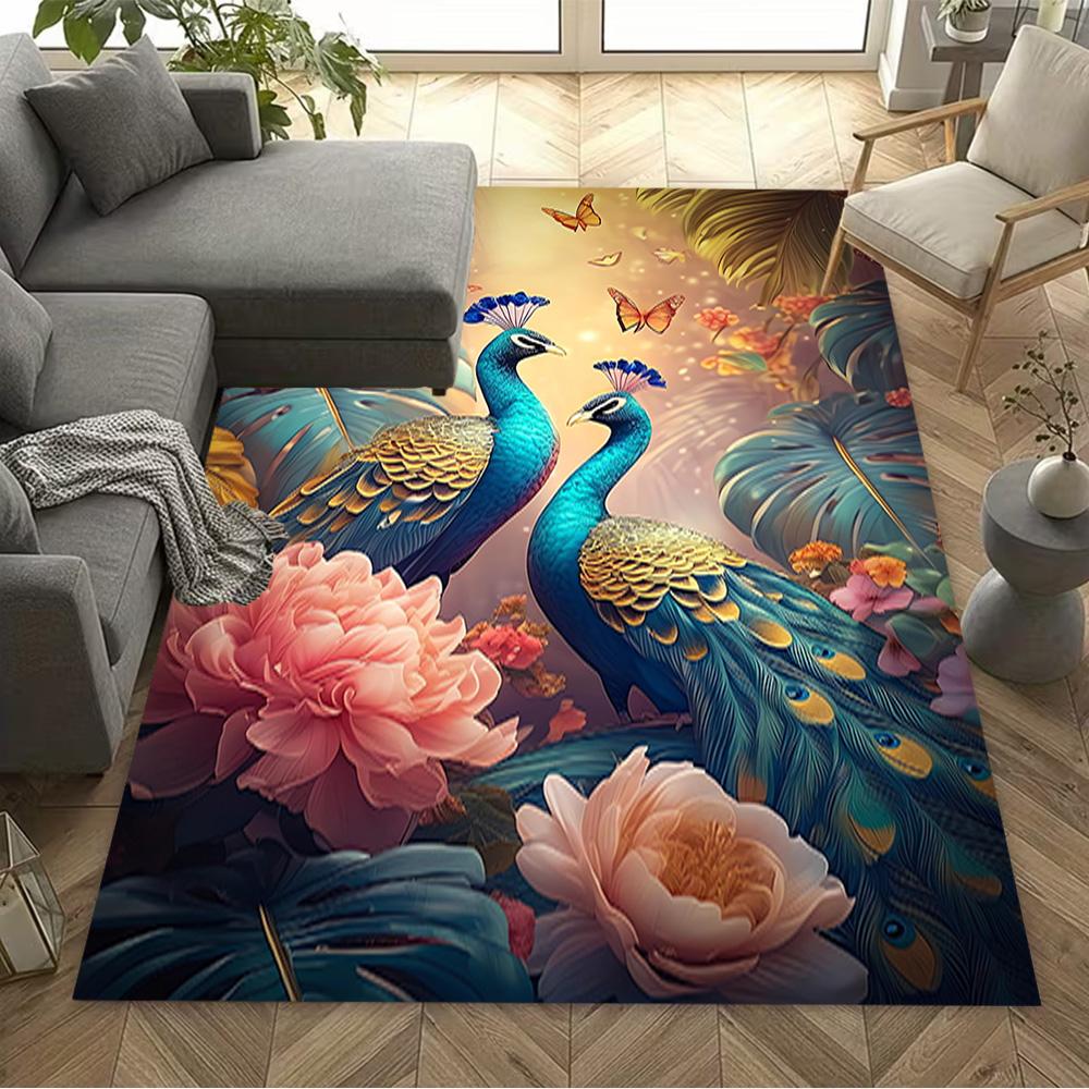 1pc Home Carpet Peacock and Flowers Non-Slip Design for Office Decor Living Room Bedroom Gift