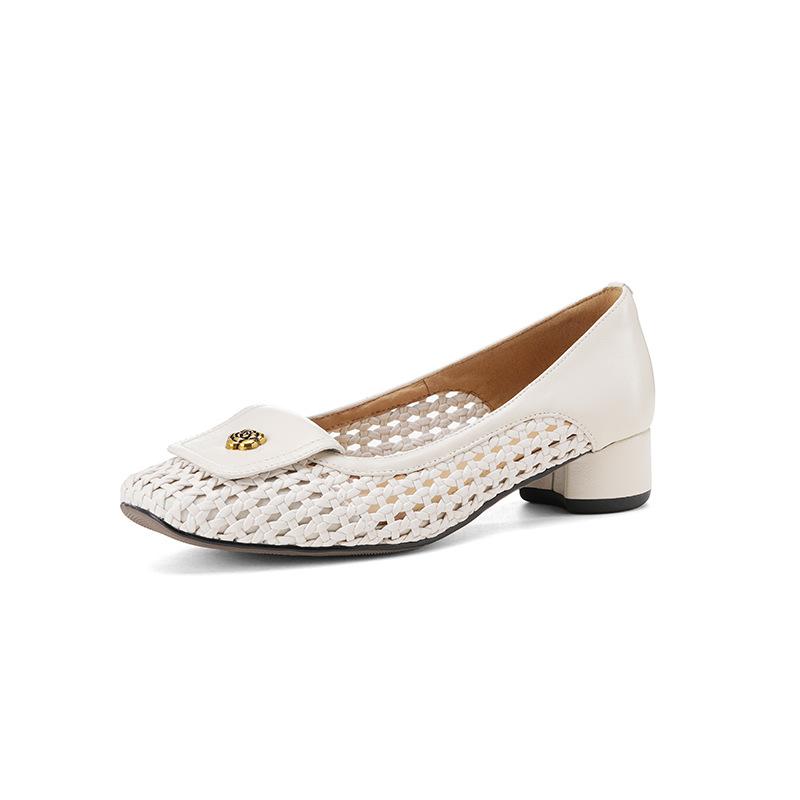 3.5Cm heel 34-40 size camellia breathable shallow mouth girls woven hollow elegant thick heel square head retro single shoes