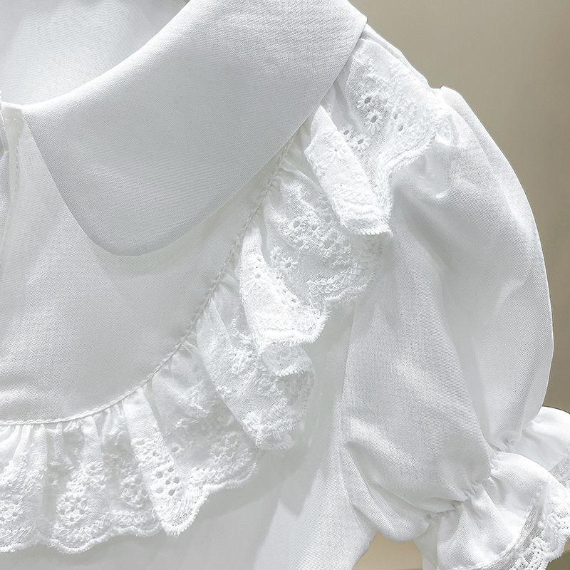 Abbigliamento estivo per bambini Camicie a maniche corte in pizzo dolce Camicie casual Camicie per bambini Moda per ragazze Colletto rovesciato Camicie in tinta unita