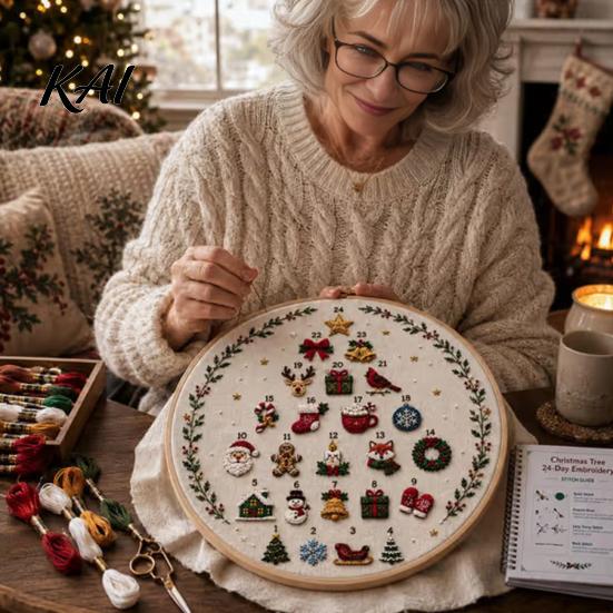 DIY Decorative Hanging Ornaments 24 Days Christmas Tree Embroidery Kit, Sewing Kit for Beginners, Holiday Handmade Countdown Gift Idea Material