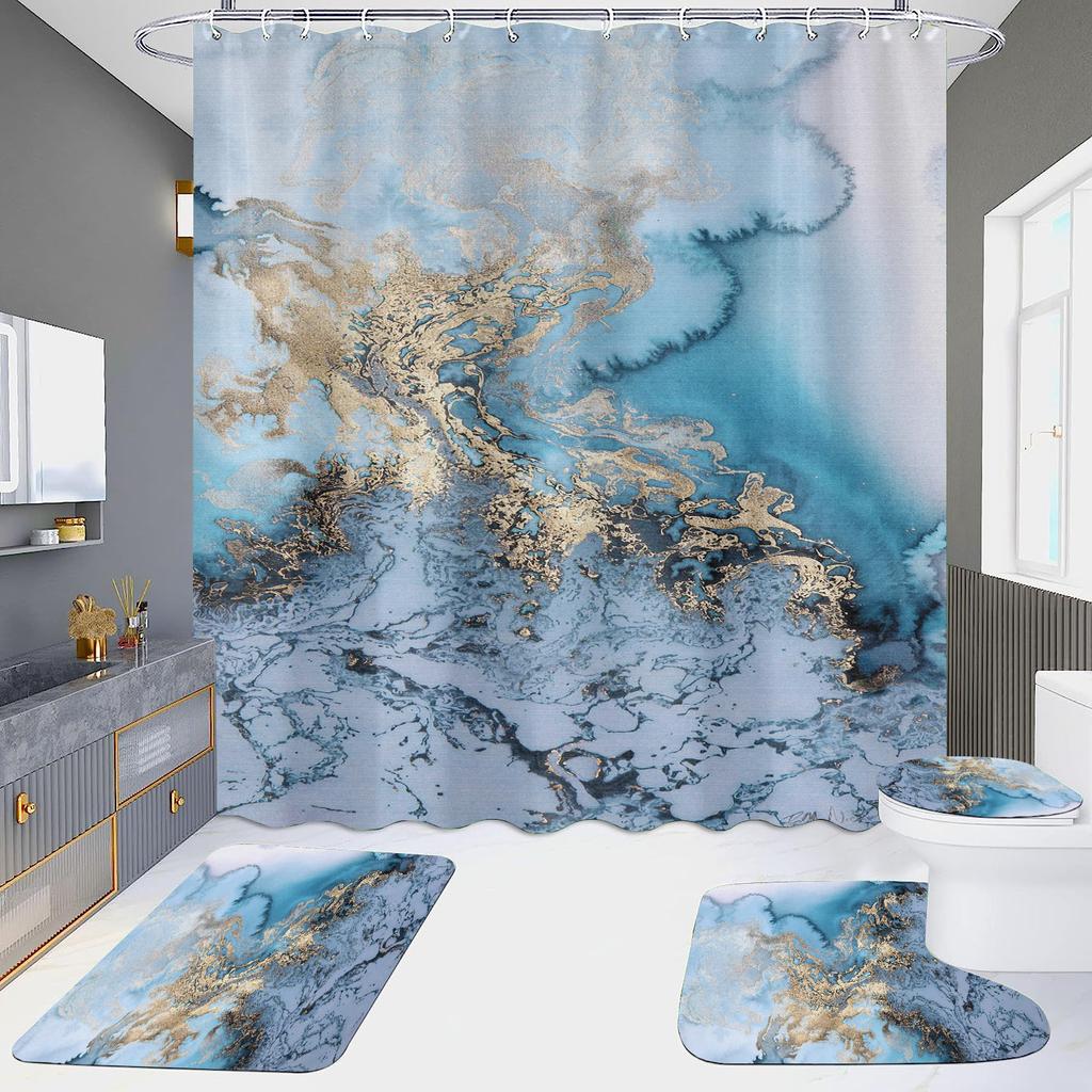 4Pcs Marble Series Shower Curtain Sets for Bathroom Non-Slip Bathroom Rugs Lid Toilet Cover Bath Mat