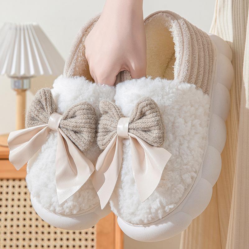 Cotton Slippers for Women Autumn and Winter Thick Sole Indoor Home Warm Couples Shoes Bow Non-Slip Flat Platform Women's Slipper
