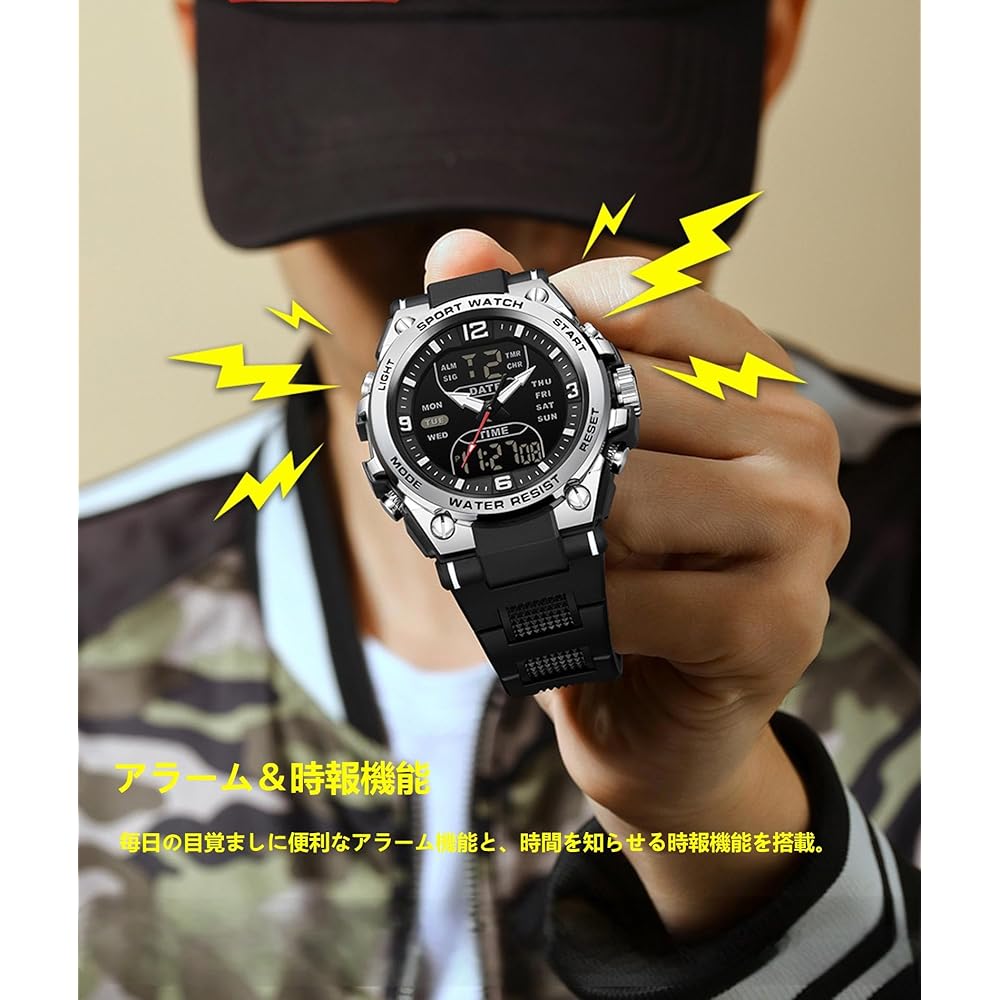 Men's Digital Military Watch 3 Time Zones Countdown Stopwatch Alarm 5ATM Waterproof Outdoor Sports Watch