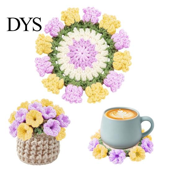 Desktop Plant Pot Stand Crochet Flower Bouquet Coaster, Handmade Knit Rose Mug Mat Transforms Into Bouquet, 2-in-1 Cozy Coffee Bar Decor Drink Coaster