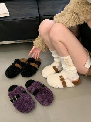 Un sac à pédales tête et demi pantoufles décontractées Birkenstocks femmes automne et hiver nouveau velours à semelle épaisse chaud vêtement d'extérieur pantoufles moelleuses