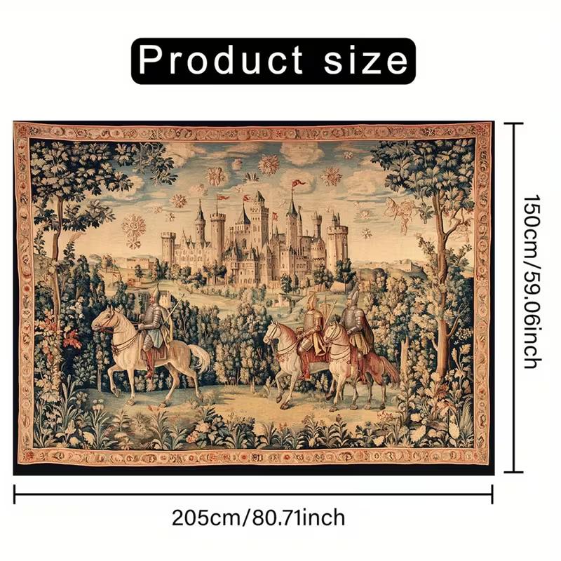 2D Medieval Castle Tapestry Wall Decor with Knights and Scenic Border